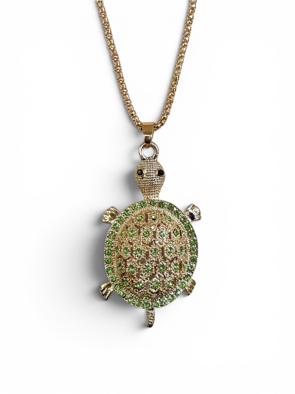 Betsey Johnson Turtle Pendant Necklace Green Crystal Gold Tone Long NWT - Picture 5 of 7